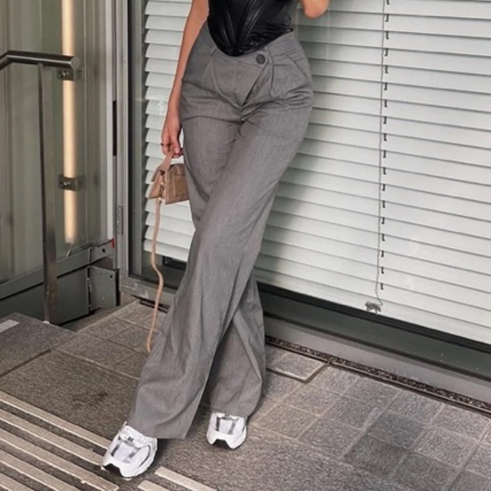 Wide Leg Trouser Pant - Grey - Large